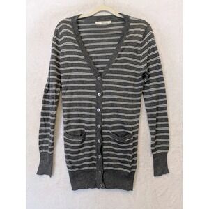 Ellison‎ Cardigan Women's S Gray Striped V-Neck Long Sleeve Linen Blend